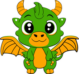 Cute green and orange baby dragon in Kawaii style 01