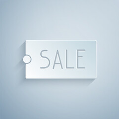 Paper cut Price tag with an inscription Sale icon isolated on grey background. Badge for price. Promo tag discount. Paper art style. Vector Illustration