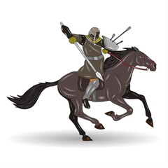 Knight on horseback with sword in his hand. Vector illustration.