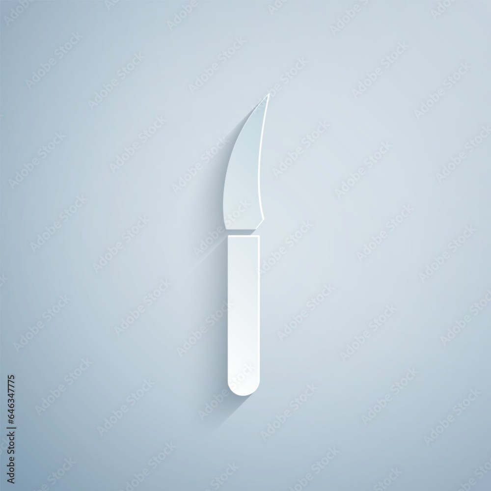 Poster Paper cut Knife icon isolated on grey background. Cutlery symbol. Paper art style. Vector Illustration