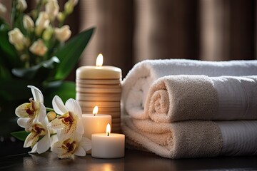 Obraz na płótnie Canvas spa and wellness design with towel candle and flower soft
