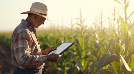 Naklejka na ściany i meble Male farmer using digital tablet while analyzing corn field