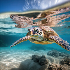 sea turtle swimming in clear ocean waters.