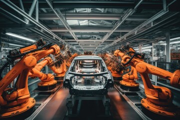 Modern car manufacturing factory, robotics in vehicle production