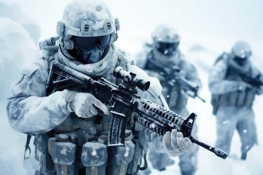 Special forces on winter mission. Action in cold conditions.