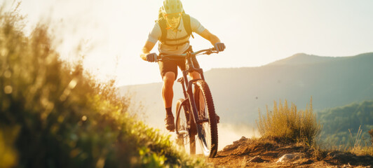 Men cyclists cycling on a beautiful summer forest trail mountain trail in the morning.