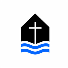 Church illustration logo design with waves.