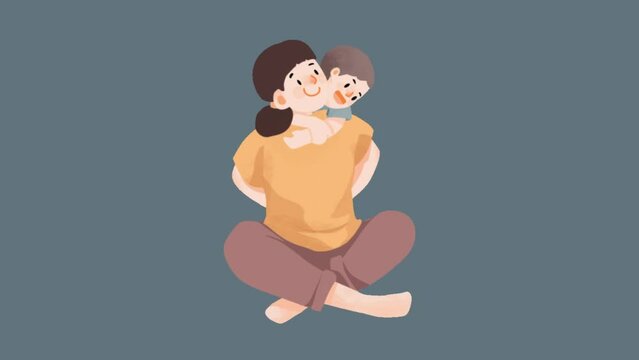 Cartoon animation of a mother holding her child