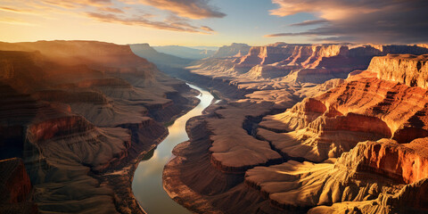 Colorado River cutting through the Grand Canyon, view from above, dramatic shadows cast by setting sun