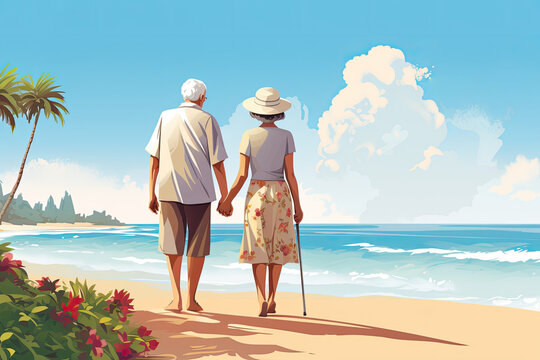 senior couple grandma and grandpa walk on the beach in summer illustration
