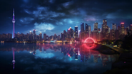 Futuristic River, metallic water, neon reflections, city skyline on the horizon, cyberpunk vibe