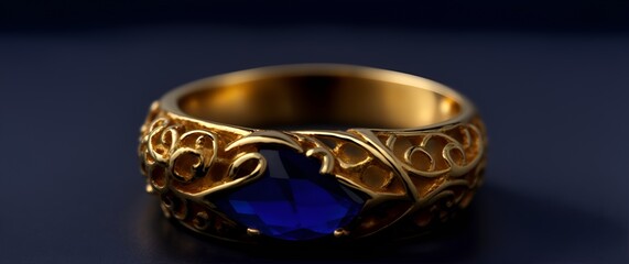 Close up of a golden ring with sapphire on a plain black background from Generative AI