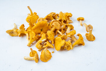 A lot of chanterelle mushrooms are raw on a light table.