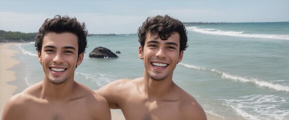 Fototapeta premium Portrait of a couple of young man having fun at the beach from Generative AI