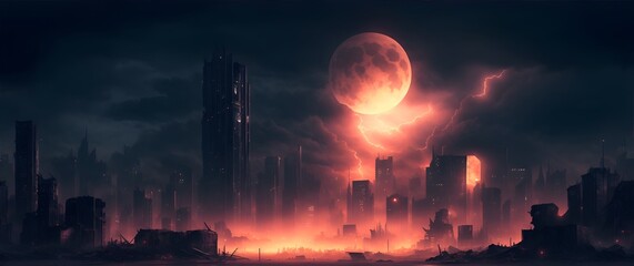 Obraz premium Apocalyptic city landscape at night from Generative AI