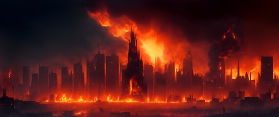 Fototapeta na wymiar Burning apocalyptic city landscape at night from Generative AI