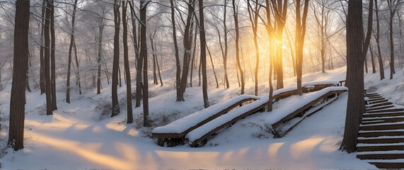 Wooden stairs with leaves in a winter forest at sunset from Generative AI
