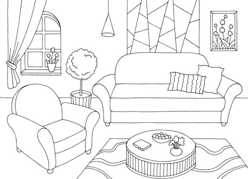 Living room graphic black white home interior sketch illustration vector 