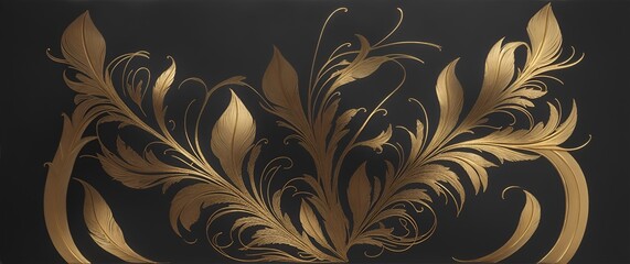 Fine craftsmanship of a golden filigree with feather patterns in a plain black background from Generative AI