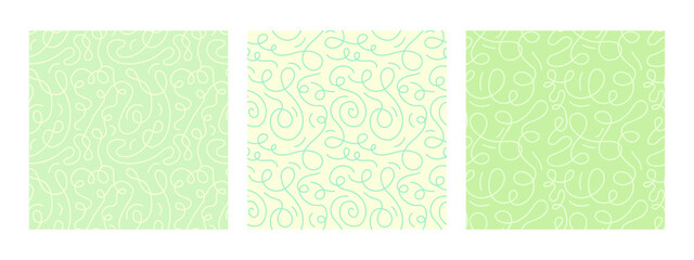 hand drawn set of squiggle print seamless pattern. Green yellow line art doodle. Creative Continuous scribble style drawing background for children or trendy design with basic shapes.