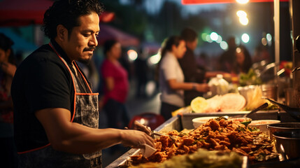 Mexican street food, Tacos Al Pastor, vendor slicing from vertical rotisserie, vibrant salsa in the foreground