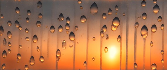 Mesmerizing patterns of water droplets on a clear glass window at sunset from Generative AI