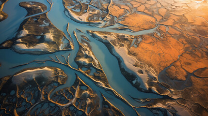 Mississippi River Delta, aerial view, contrasting muddy and clear waters, visible sedimentation, top - down shot
