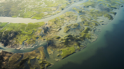 Mississippi River Delta, aerial view, contrasting muddy and clear waters, visible sedimentation, top - down shot
