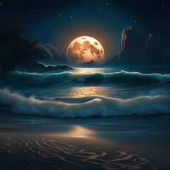 Beautiful fantasy tropical beach under full moon. Digital illustration. Amazing CG Artwork Background