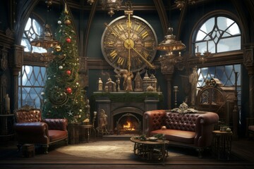 Steampunk christmas room space decoration. Generate Ai