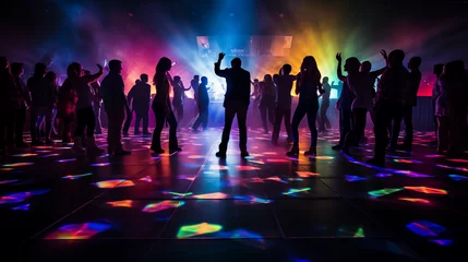 Fototapeten Neon - lit dance floor, pulsating lights, silhouettes of ecstatic dancers, DJ booth in the background, strobe lights, fog machine, immersive © Marco Attano