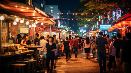Outdoor night market, string lights, food stalls, bustling crowd, bokeh effect