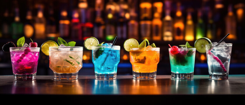 Different tasty cocktails on dark background. Beautiful line of three colorful alcoholic cocktails on a bar in a nightclub.