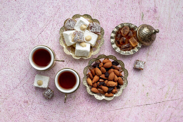Traditional oriental tea with Turkish delight, top view