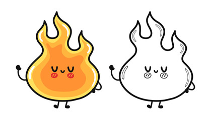 Fire character outline cartoon illustration for coloring book. Vector hand drawn Fire raditional cartoon vintage, retro, kawaii character. Isolated white background