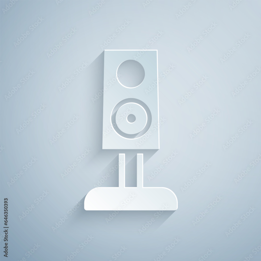 Sticker Paper cut Stereo speaker icon isolated on grey background. Sound system speakers. Music icon. Musical column speaker bass equipment. Paper art style. Vector