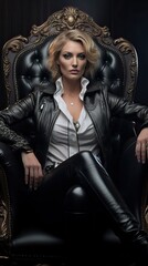 European Woman Boss sitted on a Huge Armchair.