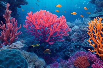 Naklejka na ściany i meble coral reef in sea, Vibrant coral reef teeming with marine life in mesmerizing AI art.