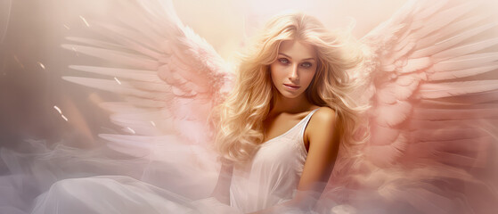 Young girl with blond hair in the image of an angel with wings, dressed in a white tank top, dreamy background for a banner