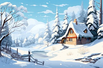 cozy wooden house on winter landscape illustration