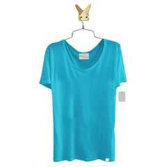 This Front View Beauty Loose T Shirt Mockup In Silverpine Cyan Color On Hanger, will help you to apply your logo or brand design more quickly..