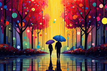 couple with umbrella on colorful rainy day in park illustration