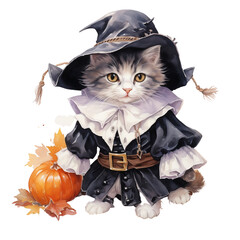 The entire cat is wearing a Joker-themed witch costume. on a transparent background