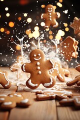 Gingerbread cookies in a milk splash. Traditional Christmas dessert. Generative Ai