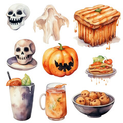 Meal set: Skull soup for halloween on a transparent background