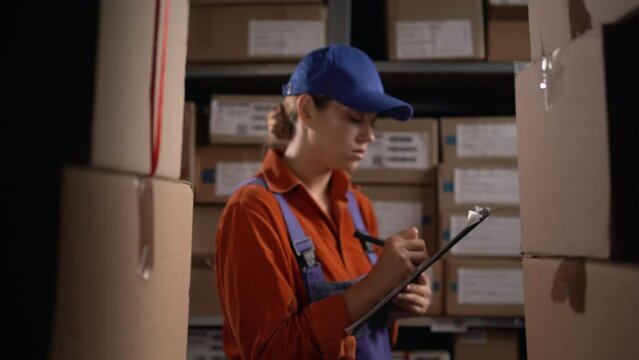 A warehouse worker checks the items against an inventory list on a clipboard. A logistics manager takes inventory using a warehouse management system in a distribution center.