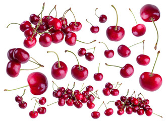 the red cherry  isolated on transparent background png. set photo of fresh cherries