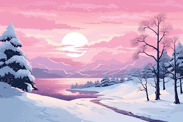 pink snowy winter landscape by lake illustration