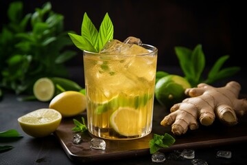 Refreshing beverage with ginger flavor and a mix of sweet and sour notes. Ideal for cocktails, kombucha, and iced lemonade. Generative AI