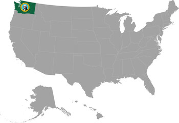 Map of US federal state of Washington with state flag within gray map of United States of America